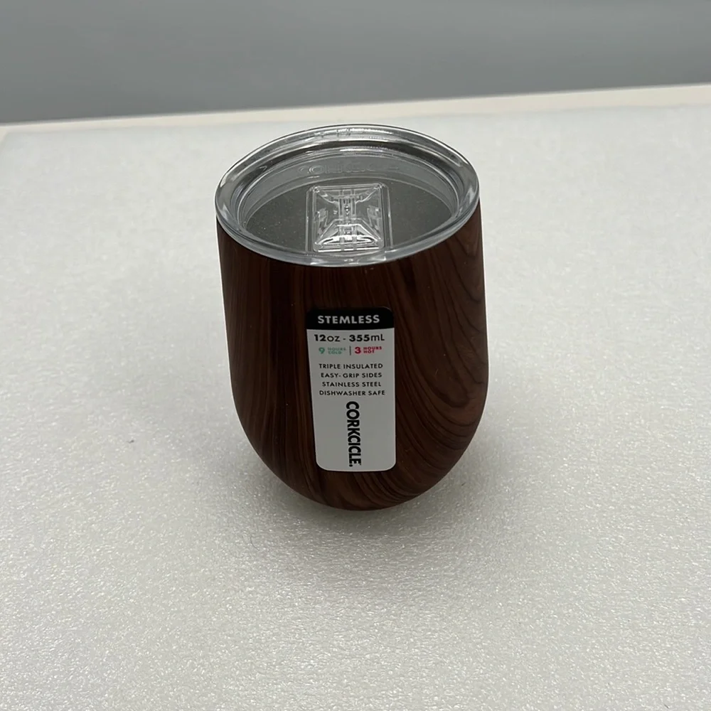 Corkcicle Stemless Wine Glass 12 oz WALNUT WOOD Stainless Tumbler 9 Hrs Cold New